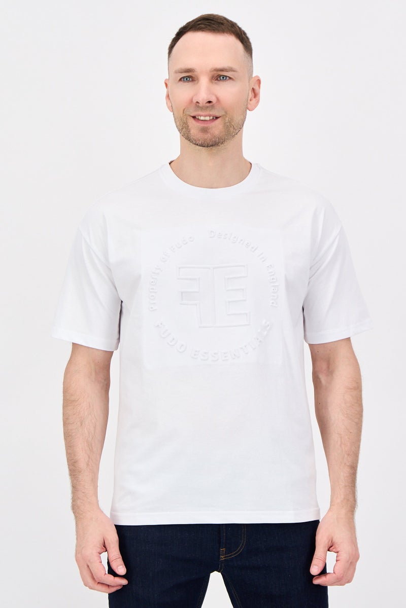 Fudo Men Crew Neck Short Sleeve Embossed Logo T-Shirt, White - Image 1